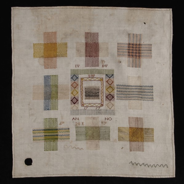 Stopper with nine stoppers worked in colored silk and white linen on finely woven linen, marked IV DV SW 1757, stoppage