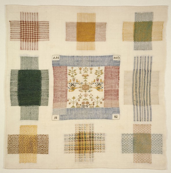 Darning sampler and sampler worked in colored silk yarn on cotton with linen effect, marked J.D.V. ANNO 1802, sampler embroidery