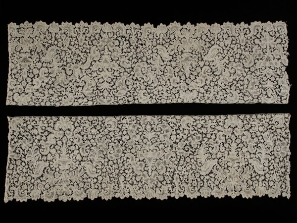 Two strips of bobbin lace, lace needlework linen, textile, Two strips of bobbin lace with serrated leaf motifs