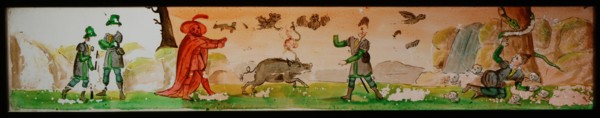 Hand-painted glass lantern plate in wooden frame, with two men's story, slide slide slideshoot images glass wood, Hand-painted