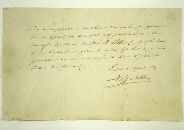 Written declaration concerning the authenticity of chair 11317, issued the son of the poet Tollens, authentication document