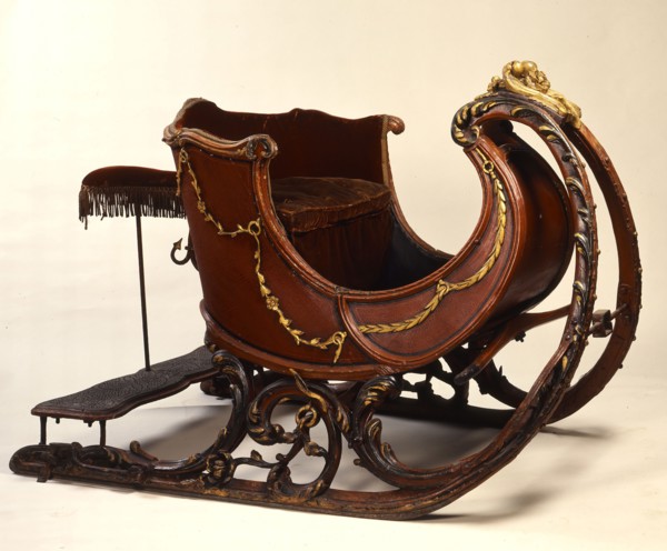 Red painted sleigh, sledge carriage means of transport velvet wood paint metal, approx 70 kg Red horse sleigh painted seat