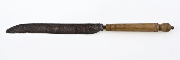 Knife with narrow elongated blade and profiled wooden handle with round cross-section, knife cutlery soil find wood tin? steel