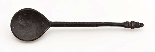 Cornelis van Houten?, Pewter spoon with fig-shaped bowl, stem with round cross section and knob-shaped end, small size, spoon