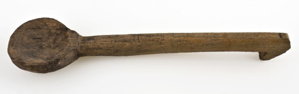 Small wooden spoon with hook at end of stem, spoon cutlery soil find wood, archeology