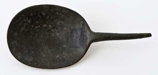 Spoon with shallow oval bowl and thin round stem, spoon cutlery soil find copper metal, Copper spoon with short handle. Oval