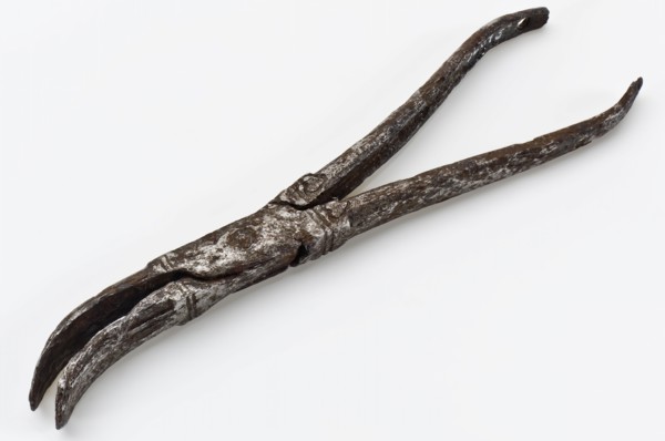 Pliers with curved flat jaws, pliers tools equipment foundations iron metal, forged On the legs decorated with two embossed