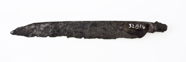 Blade of knife, narrow with pointed end, blade knife cutlery soil find steel? metal, archeology