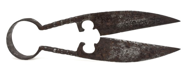 Pinch cutter with two broad, pointed blades and oval eye, pinch cutter scissor cutting tool soil find iron metal, Iron squeeze