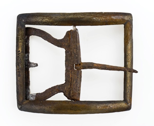 Buckle with rectangular, curved handle, middle post and angel, buckle fastener component soil find copper iron metal, archeology
