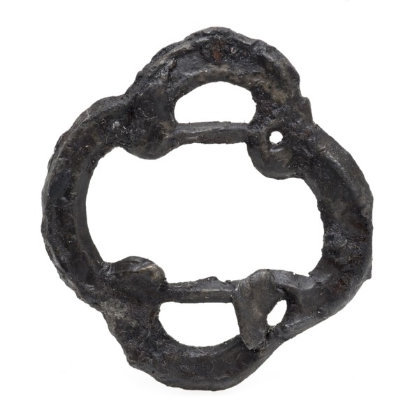 Four-sided buckle with two posts, ornamental buckle or batter, buckle fastener component soil find tin metal, cast archeology