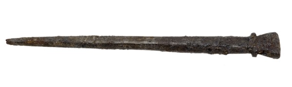 Writing pen with tip and spatula-shaped end, writing pen soil find copper iron metal, forged Writing stick or stylus Conical rod