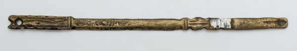 Copper narrow strip, machined, fixing hole, part artifact soil found copper metal, cast hammered sawn engraved Narrow strip