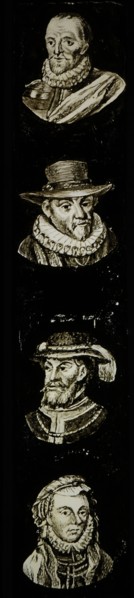 Hand-painted lamppost with four portraits of celebrities and or noble people, slide plate slideshope images glass paper textiles