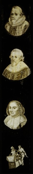 Hand-painted lamppost with four portraits of celebrities and or noble persons, slide plate slideshope images glass paper
