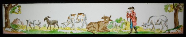 Hand-painted lantern plate in tin mount, image of man with cattle, slide plate slideshope images glass paper tin, Hand-painted