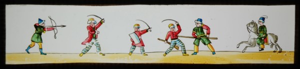 Hand-painted lantern plate with fighting Oriental soldiers, slide slide diapositive footage glass paper, Hand-painted