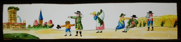 Hand-painted slide, image of people at source, village and cornfield, slide plate slideshope images glass paper, Hand-painted