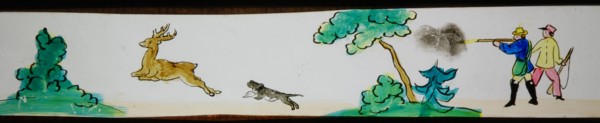Hand-painted lantern plate with hunting scene, slide plate slideshope images glass paper, Hand-painted slides on the edges