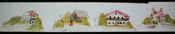 Hand-painted lantern plate with four buildings, slide slide slideshope images glass paper, Hand-painted slides on the edges
