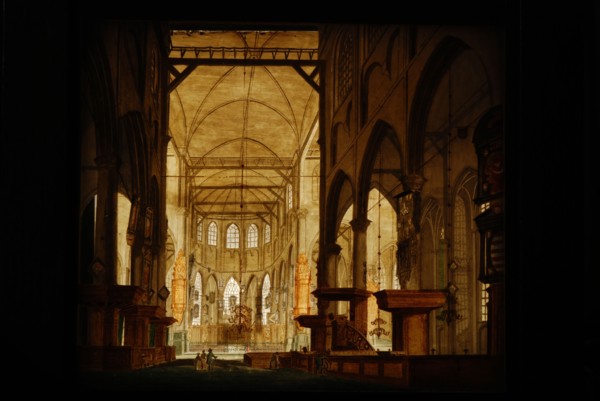 Perspective box of black lacquered wood with two painted glass plates: church interior, perspective glass panel glass wood oak