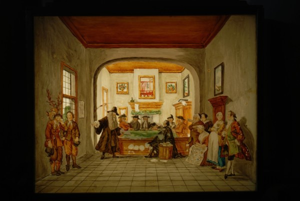 Perspective box of black lacquered wood with three painted glass plates: 'De Boeren court in Puiterveen', perspective case glass