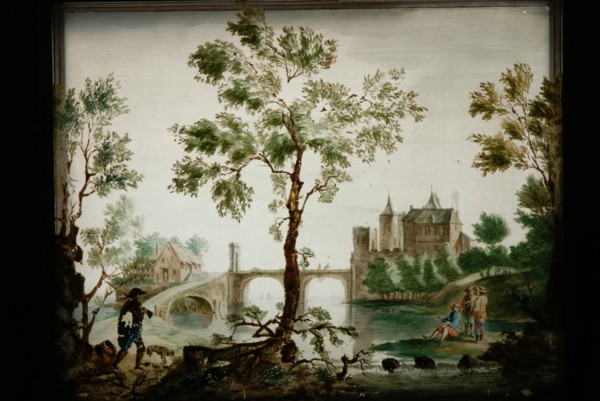 Perspective box of black lacquered wood with three painted glass plates: landscape with castle and river, perspective glass