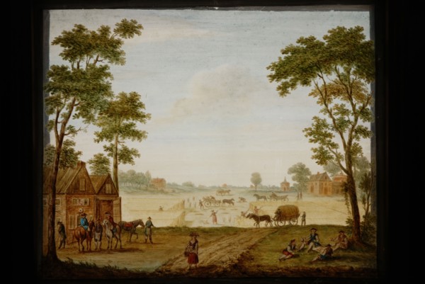 Perspective cupplate with two painted glass plates, landscape with inn and harvesting farmers, perspective case glass plate