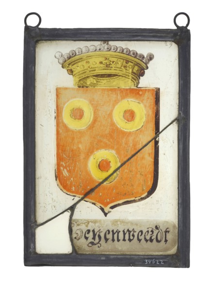 Window hanger, painted glass with weapon from Doyenweert, stained glass window pane glasspainting material glass paint lead