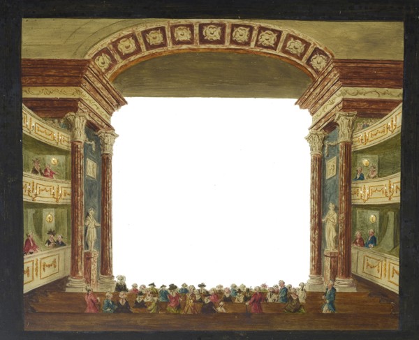 Painted glass plate for perspective box, theater with audience, glass plate perspective box glass paint, hand-painted