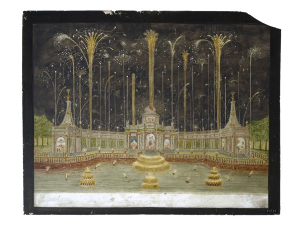 Painted glass for perspective box, garden pavilion with fountains and fireworks, glass plate perspective box glass paint