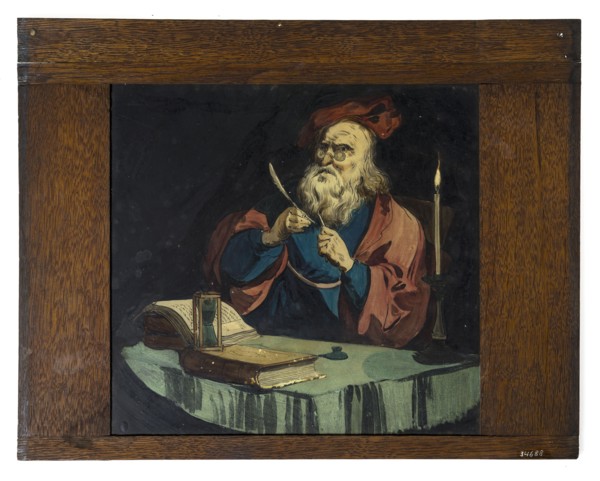 Hand-painted glass shelf in wooden frame for illumination cabinet, picture of scholar with pen-feather, books and hourglass