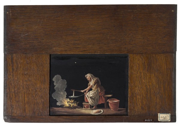 Hand-painted glass plate in wooden frame for illumination cabinet, image of pancakes baking old woman, slideshelf slideshoot