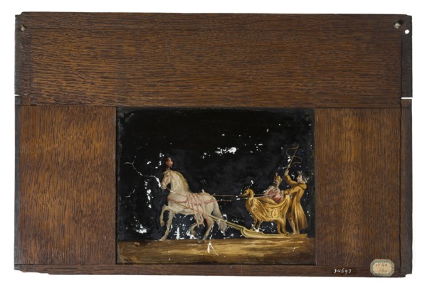 Hand-painted glass shelf in wooden frame for illumination cabinet, depicting man and woman in sleigh, slideshelf slideshoot