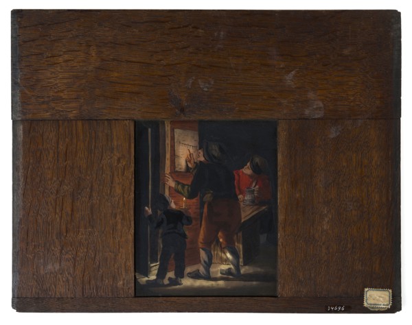 Hand-painted glass plate in wooden frame for illumination cabinet, depicting two men, boy and paper, slide slide slideshoot