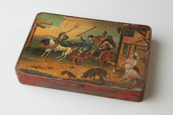 Iron tobacco box, painted with rickety carriage and inn, tobacco box holder iron base metal metal lacquer, Tobacco box Elongated