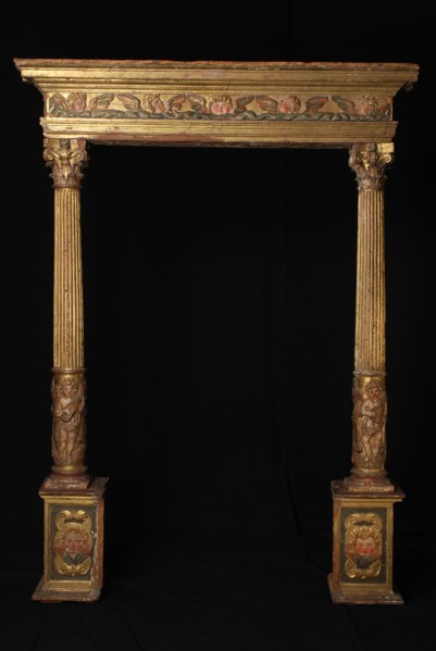 Wooden gate, consisting of basements, pilasters and cornice, decorated with gilded carving, gate building component spruce wood