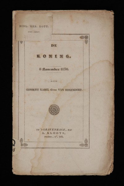 Kloots, A. (publisher), HOGENDORP, GIJSBERT KAREL VAN. The king, oud druk book information form paper, printed De Koning 8
