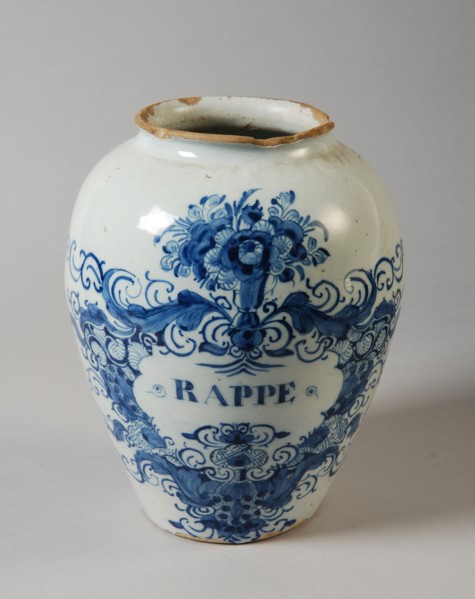 Manufacturer: De Porceleyne Schotel, Earthenware tobacco pot with text RAPPE, tobacco jar pot holder ceramic earthenware glaze