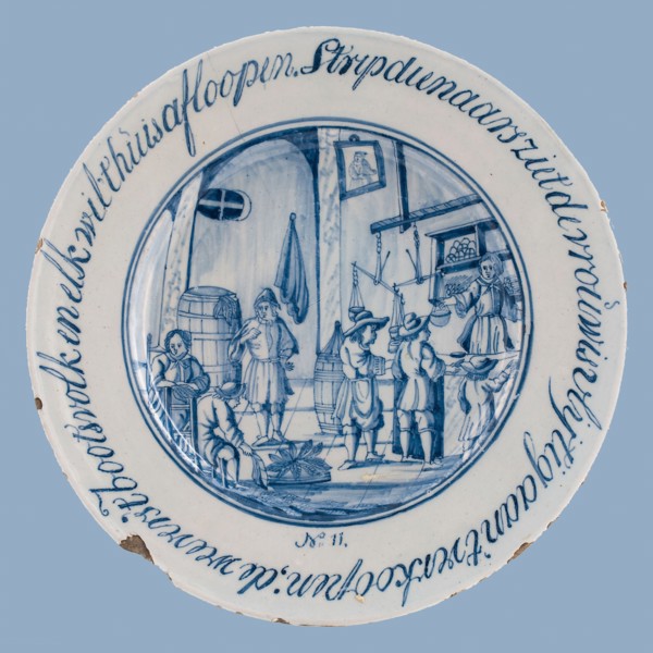Jacob Schut, Delft blue plate with Comic Strippers sees the woman is diligently selling; the weavers the boat people and
