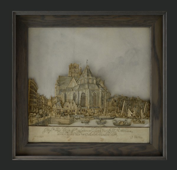 papierkunsteafter:: Jan Adelaar (Zutphen 1725 - Rotterdam 1811), Cut-out print with choir side of the Laurenskerk, cutting art