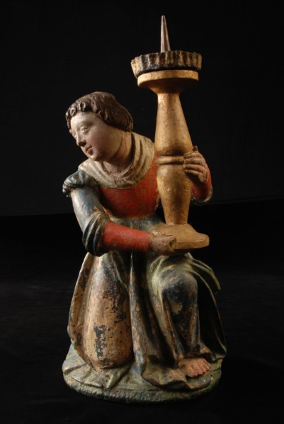 Wooden sculpture, kneeling angel holding up the candlestick on her knee, sculpture sculpture candlestick candleholder lighting