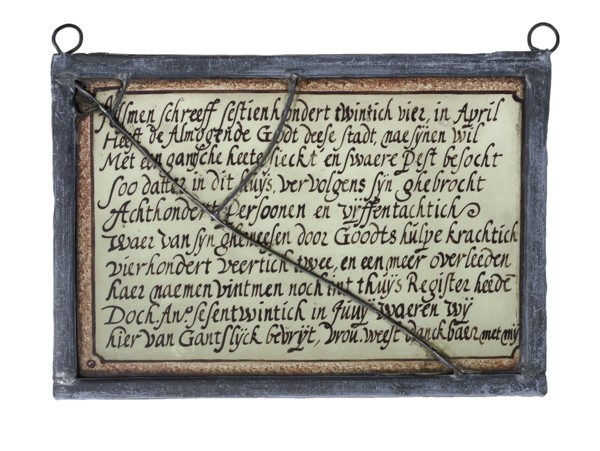 Rectangular window hanger Pest and Dolhuis with painted lettering in lead, stained glass window pane glasspainting material