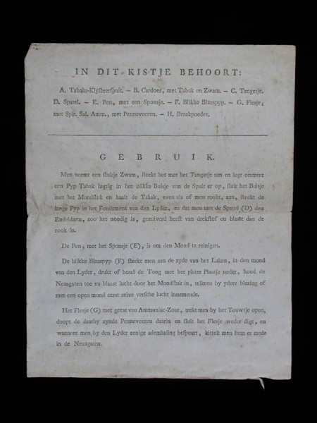Sheet of paper BELOW THIS BOX, printed with inventory and instructions for use of tobacco sprayer for drowning persons, manual