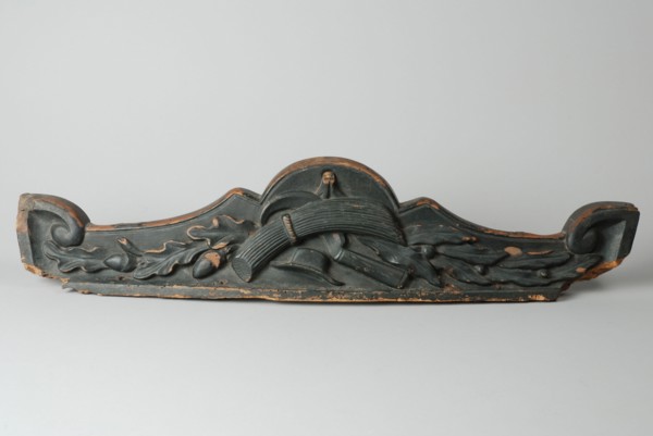 Ornament of farm wagon, with cut bundle of grain, hat and sickle, ornament part wood carving sculpture sculpture wood paint