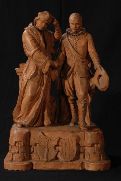 sculptor: Leo Paulus Johannes Stracké, Erasmus and Piet Hein reach out to each other, design for marble sculpture, sculpture