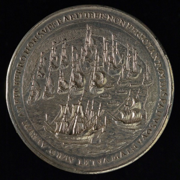 Medal with the silver fleet in the bay of Matanzas attacked by Dutch ships, penny footage silver, the Silver fleet in the bay