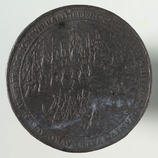 Medal with the silver fleet in the bay of Matanzas attacked by Dutch ships, penning visual material lead metal, the Silver fleet