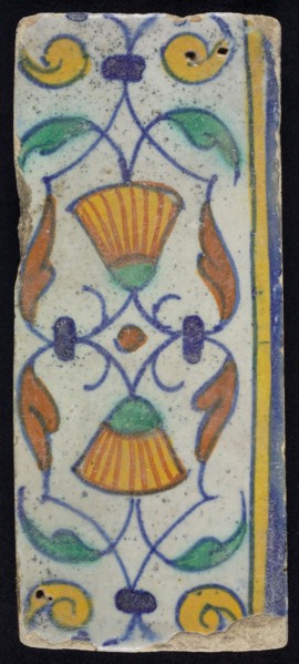 Border tile, flower decoration in blue, yellow and green, upper and lower edge blue and yellow, border tile wall tile tile