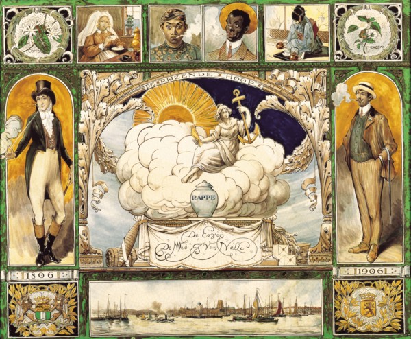 fabriek: Porceleyne Fles, Plaque of Van Nelle, The Rising Hope 1806 - 1906, in frame, plaque ceramic pottery tin glaze, majolica
